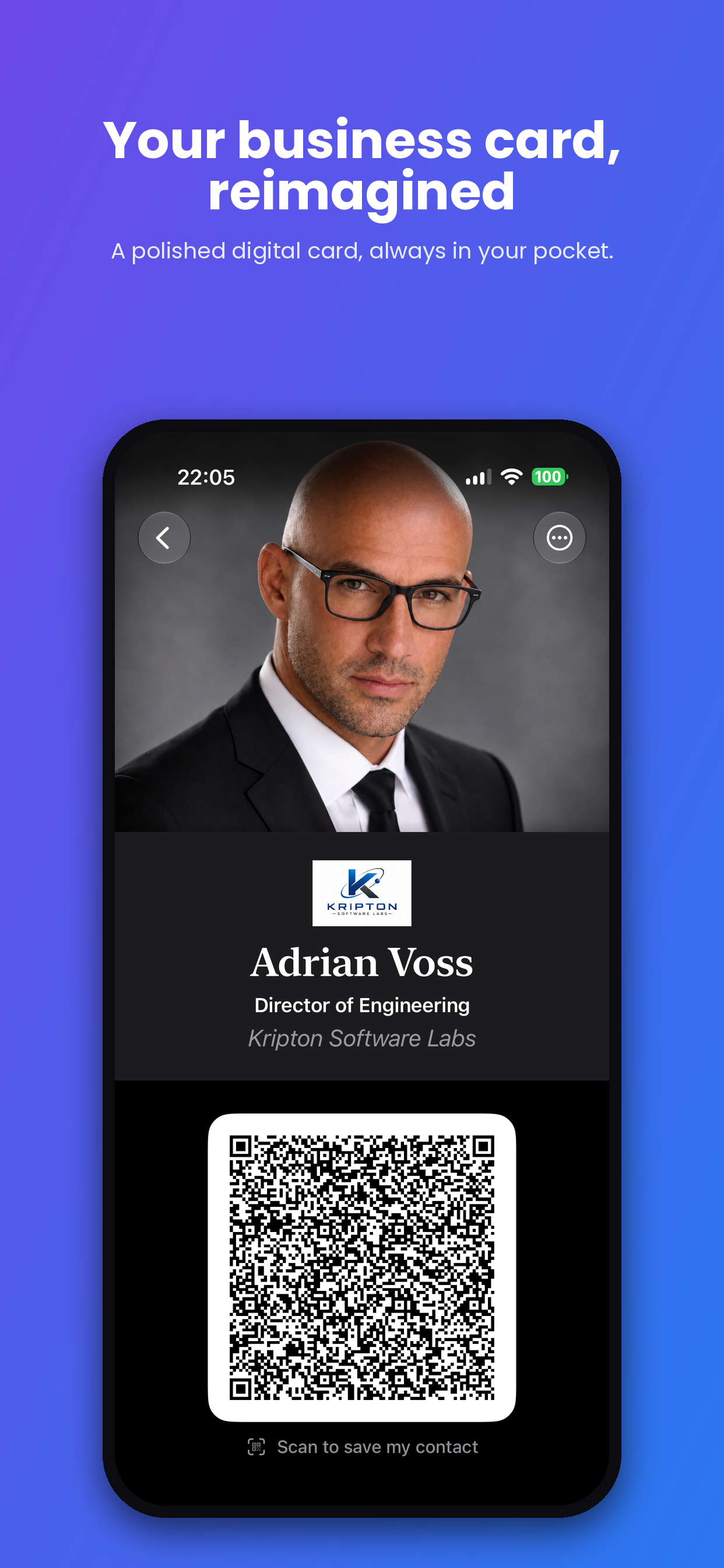 IntroCard profile screen with portrait photo and QR code