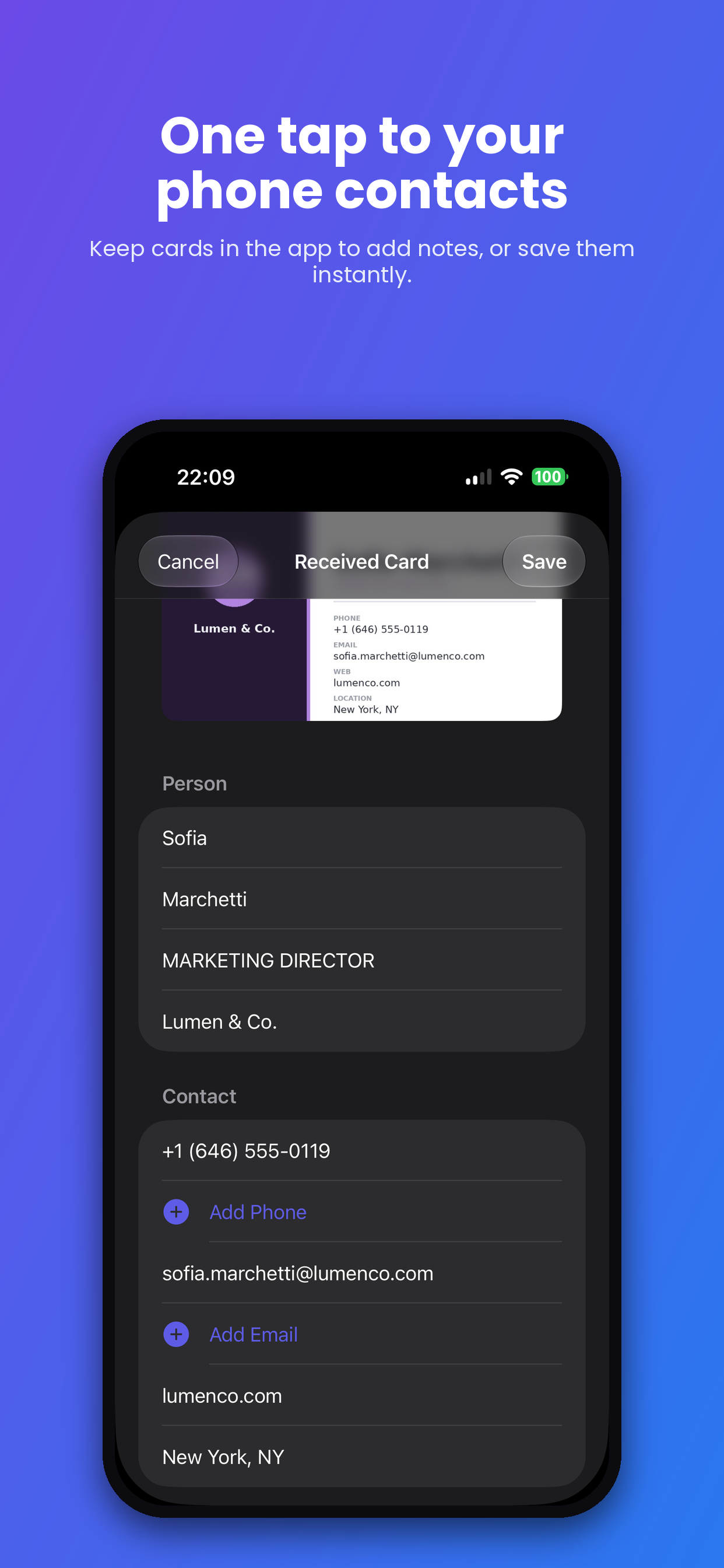 Saving a scanned card to your phone contacts