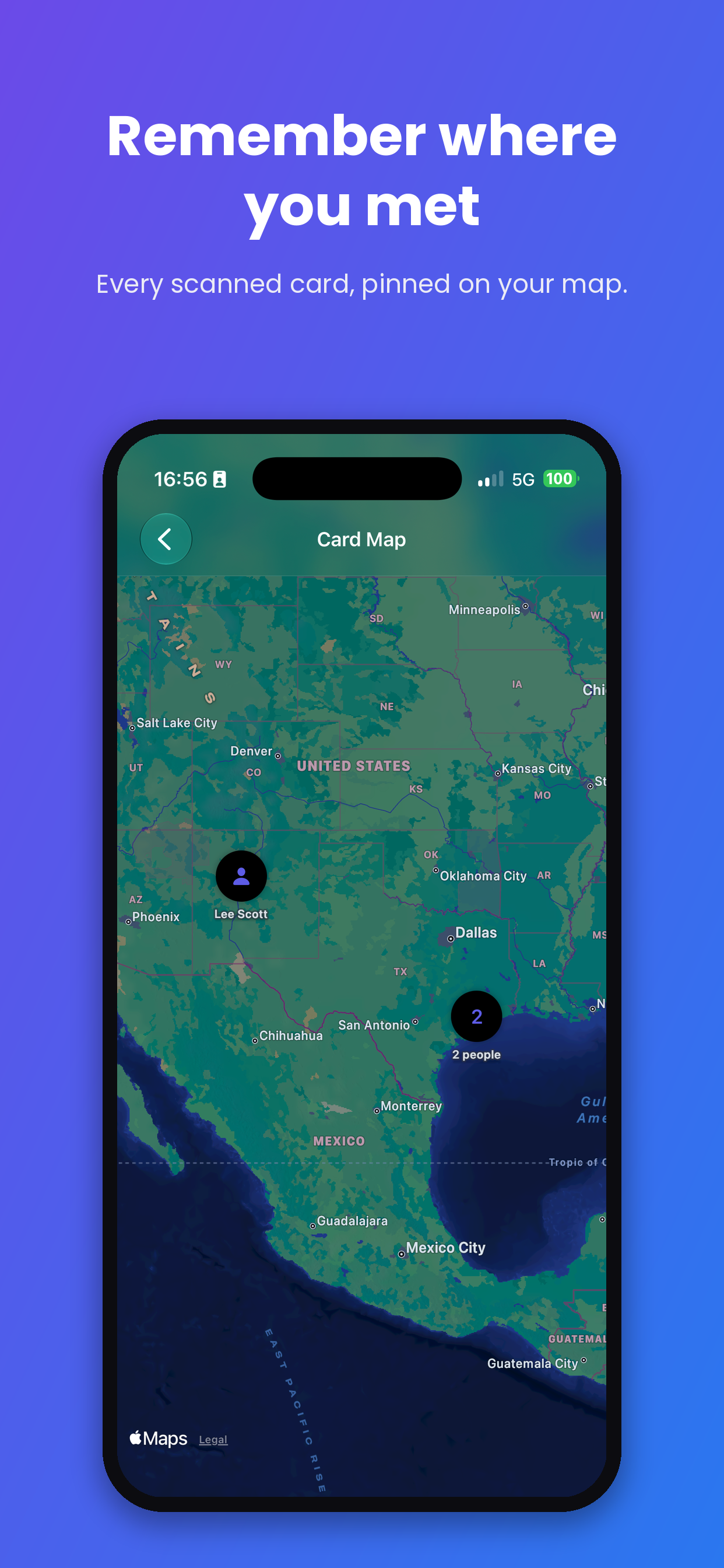 Card Map with everyone pinned where you met them