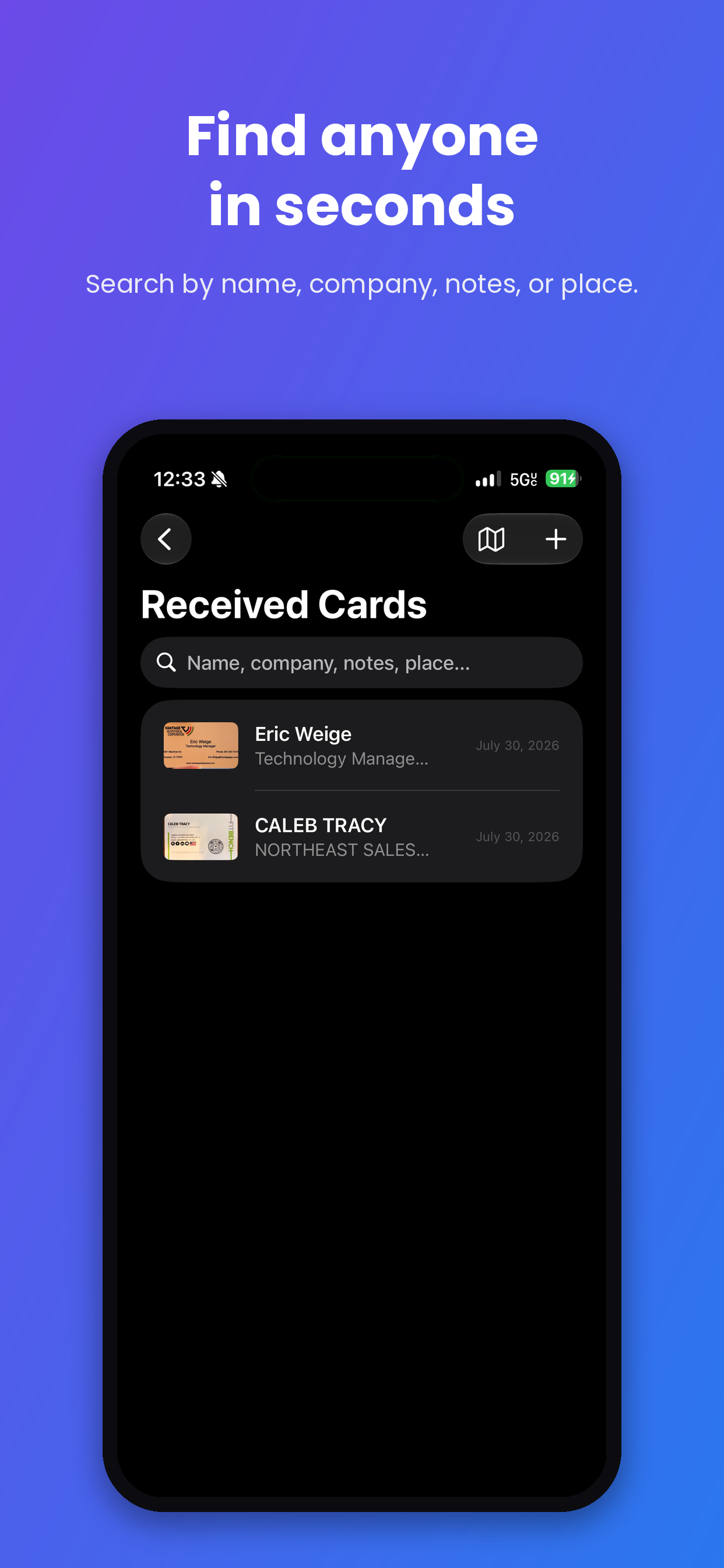 Searching received cards by name, company, notes, or place